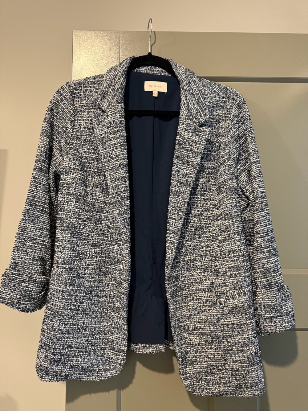 Skies Are Blue Navy & White Tweed Open Blazer